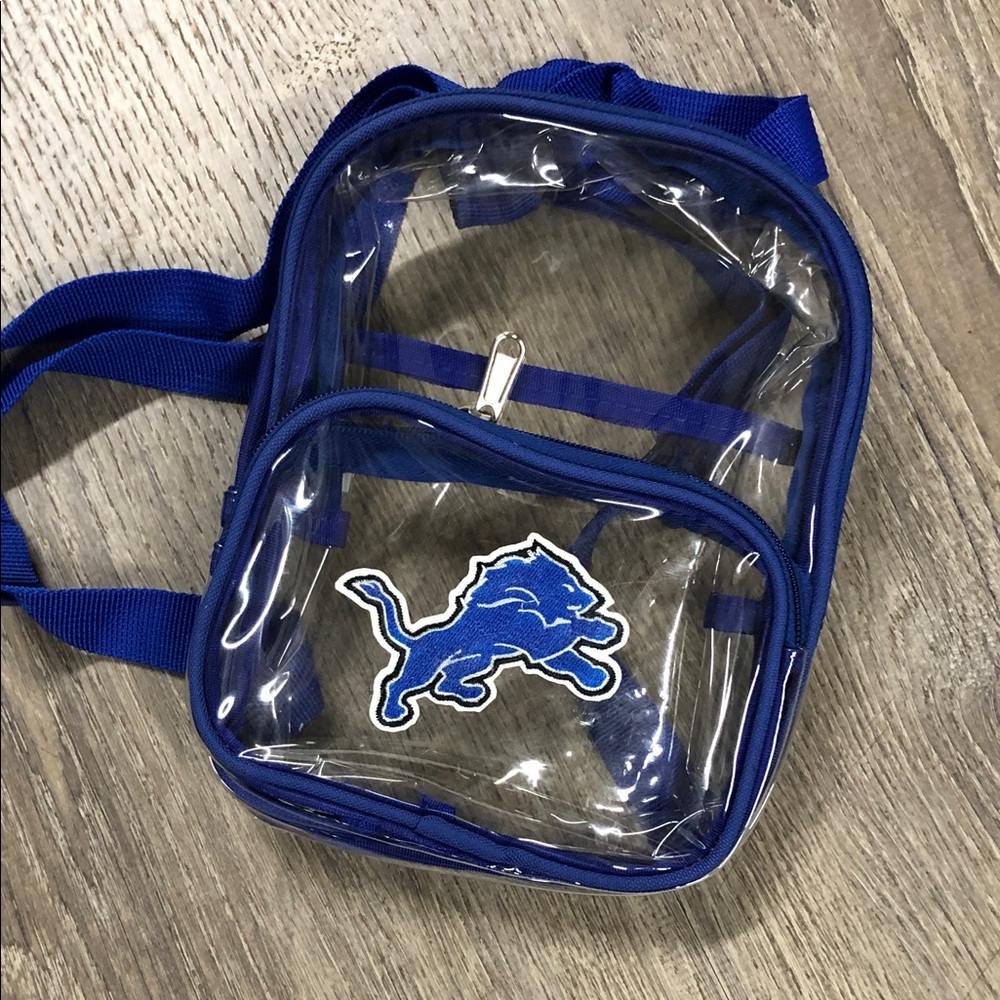 Clear Backpack or single cross body conversion with Blue Detroit Lion Logo